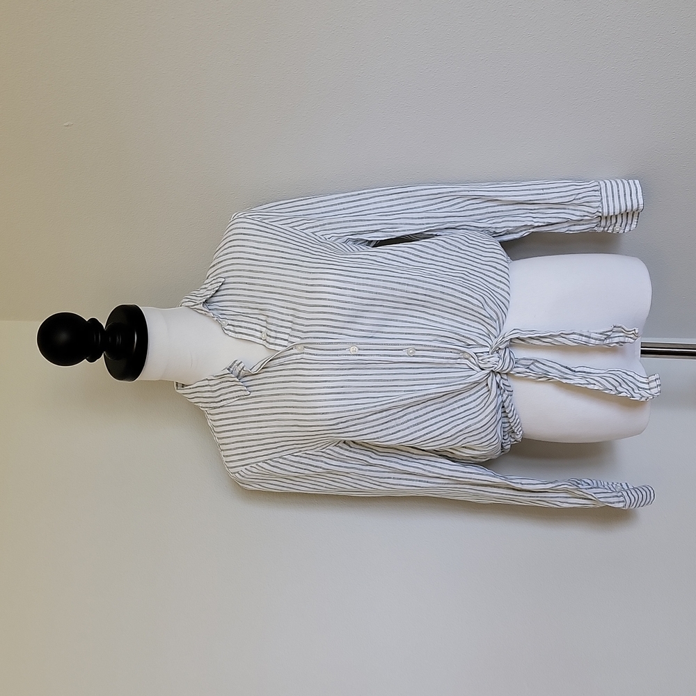 H&M Linen Button Up Blouse with Tie Waist and Green Stripes